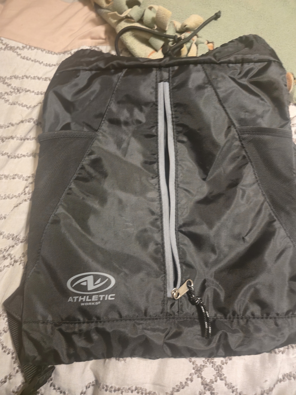 Athletic Works Black Drawstring Gym Sack with Gray Zip